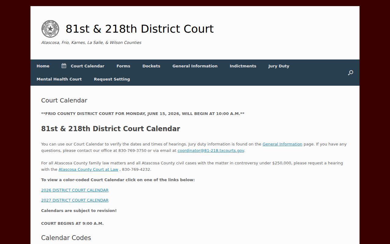 Wilson County criminal case calendar and court setting codes