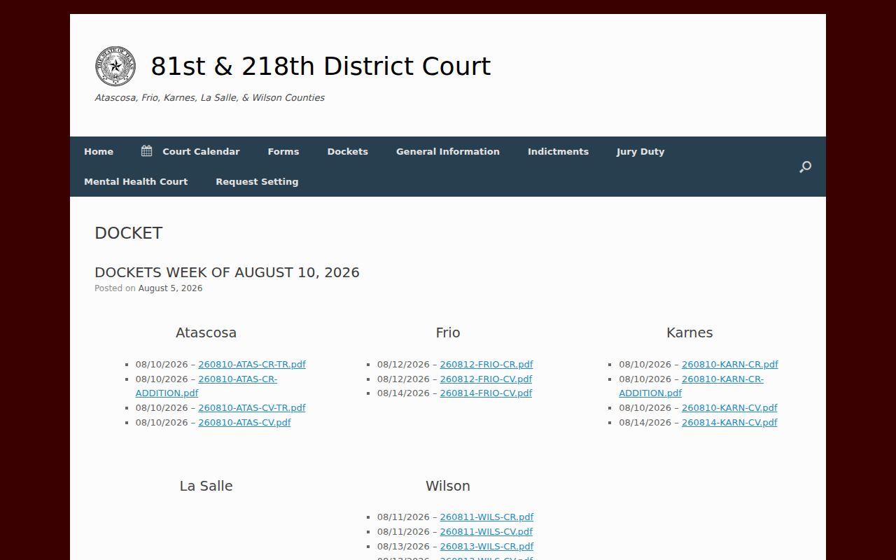 Wilson County criminal court docket PDF links