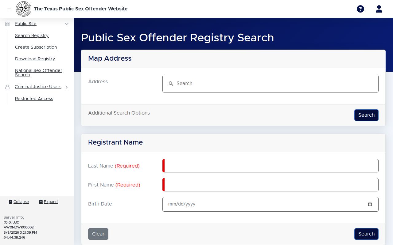 Wilson County sex offender check fields in the Texas registry